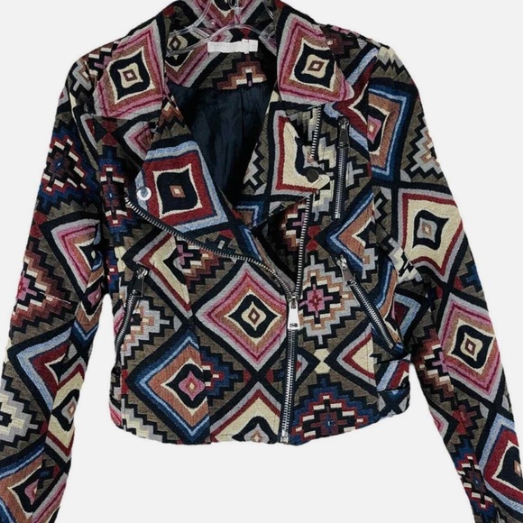 NEW Nasty Gal Vera & Lucy Aztec Southwest Tapestry Cropped Moto Jacket